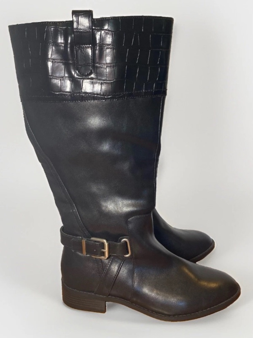 St John’s Bay Women’s 8.5W Wide Roslyn Knee High Riding Boots Black Faux Croc